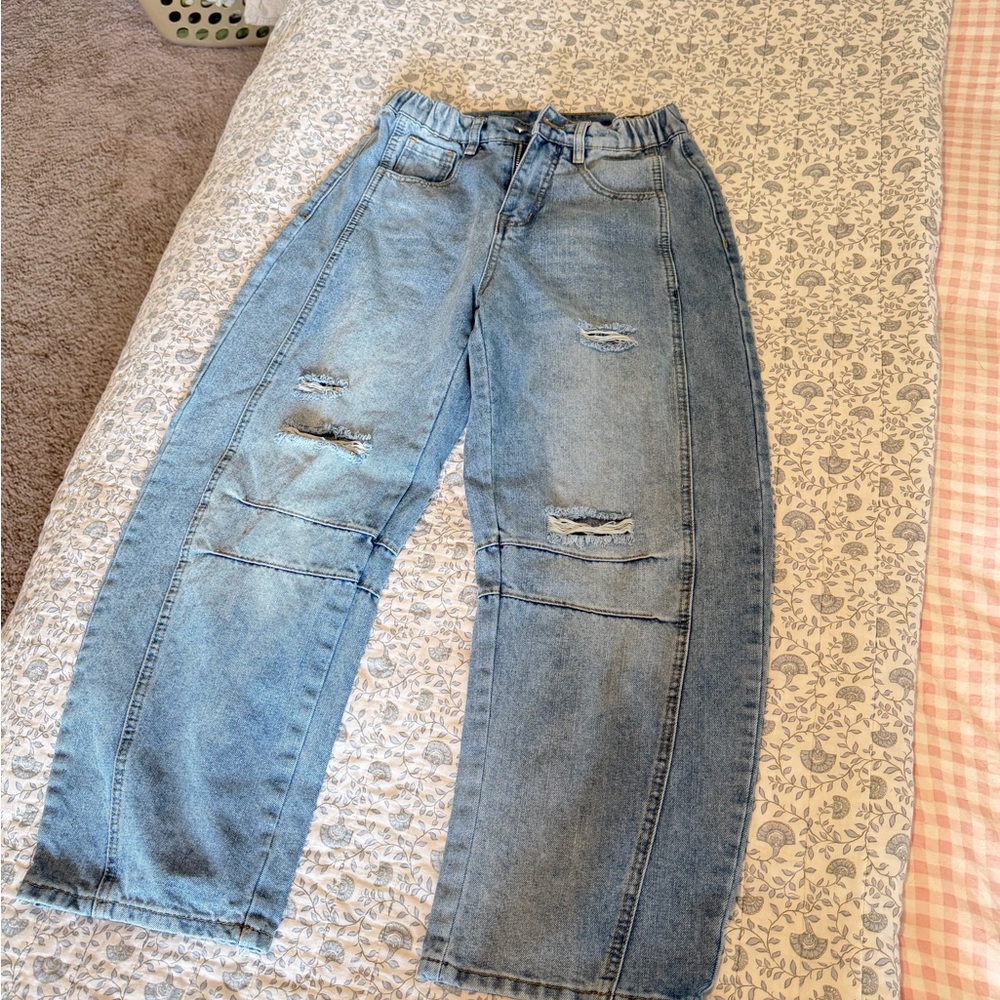 Classic Light Blue Distressed Barrel Jeans